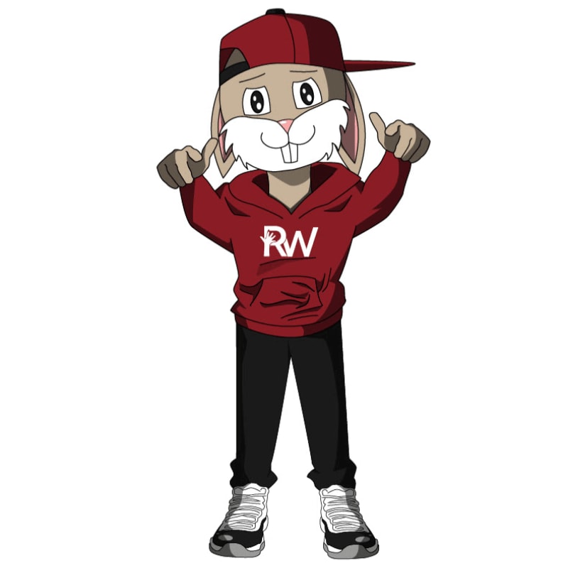 An anthropomorphic rabbit wearing a red hoodie, red cap, and black pants stands against a plain white background.