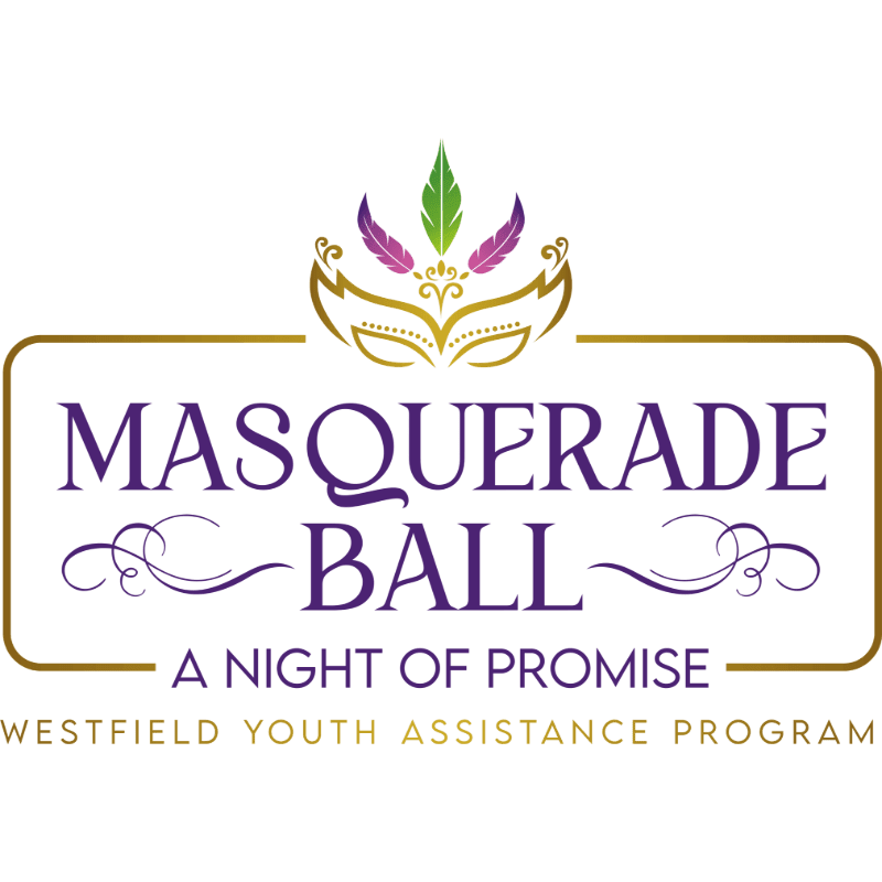 A colorful masquerade mask sits atop a gold-bordered white sign reading "MASQUERADE BALL A NIGHT OF PROMISE" against a plain white background.