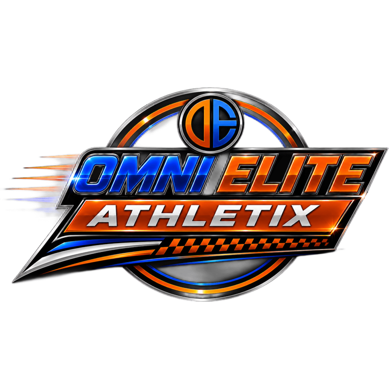 A stylized "OMNI ELITE ATHLETIX" logo with blue and orange accents sits centered against a plain white background.