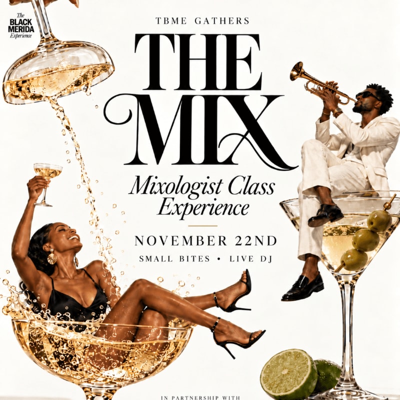 A woman relaxes in a giant cocktail glass and a man plays a trumpet while sitting in another, set against a white background with bold event text.
