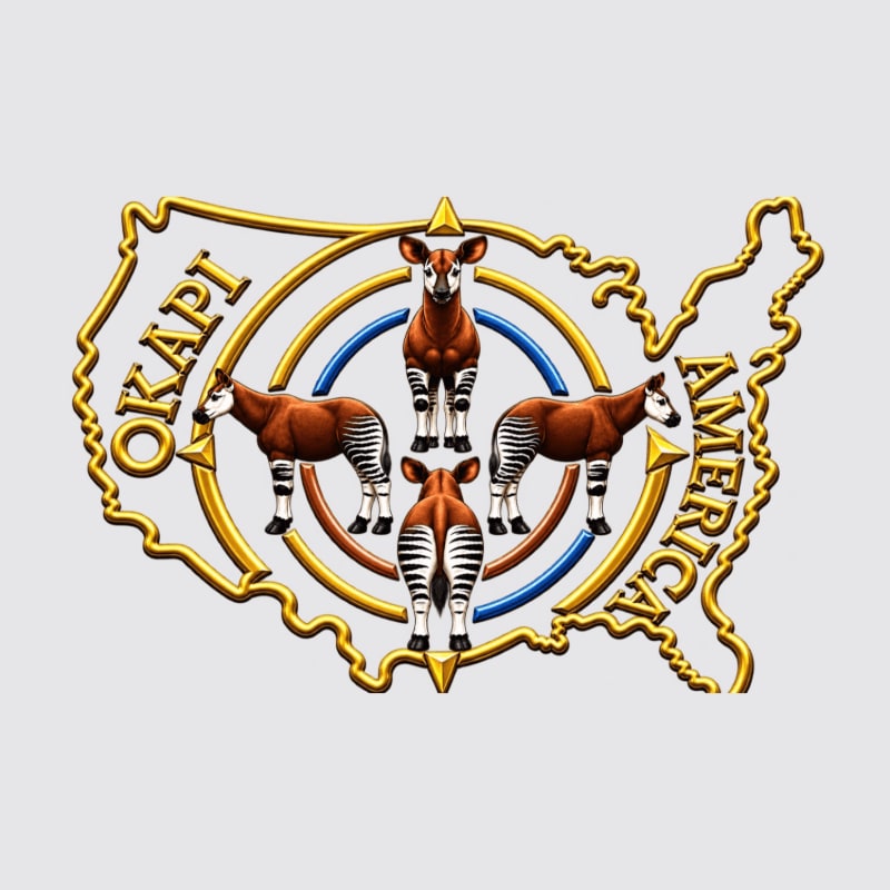 Four okapis are arranged in a circular pattern within a gold outline of the United States against a plain grey background.