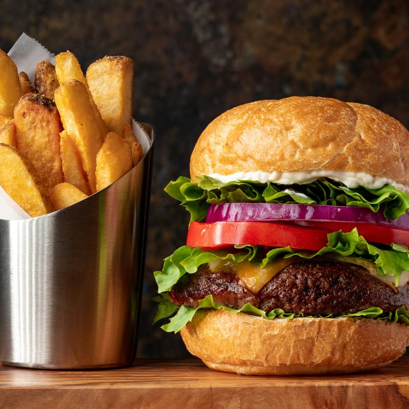 burger with lettuce and fries