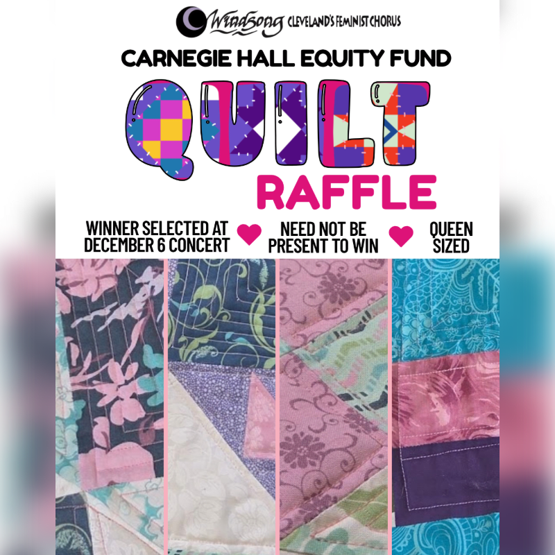 A colorful "QUILT RAFFLE" announcement for the Carnegie Hall Equity Fund is displayed above four detailed close-up strips of various quilt patterns.