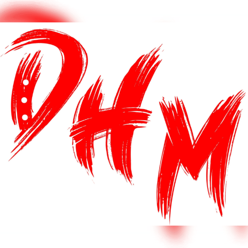 Red brushstroke letters spelling "DHM" are set against a plain white background.