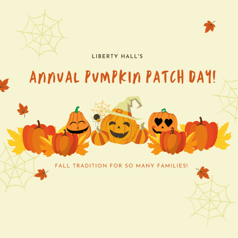 A row of smiling jack-o'-lanterns and autumn leaves sits in the foreground against a pale yellow background decorated with spiderwebs and falling leaves.