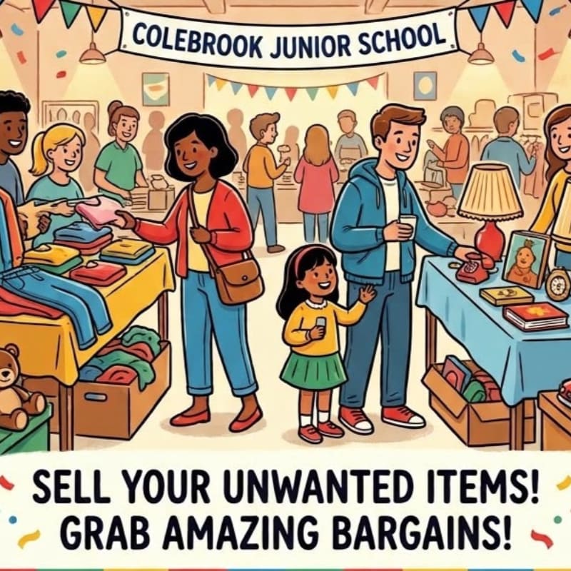 People browse and sell various household items at a school flea market, with a "Colebrook Junior School" banner hanging in the background.