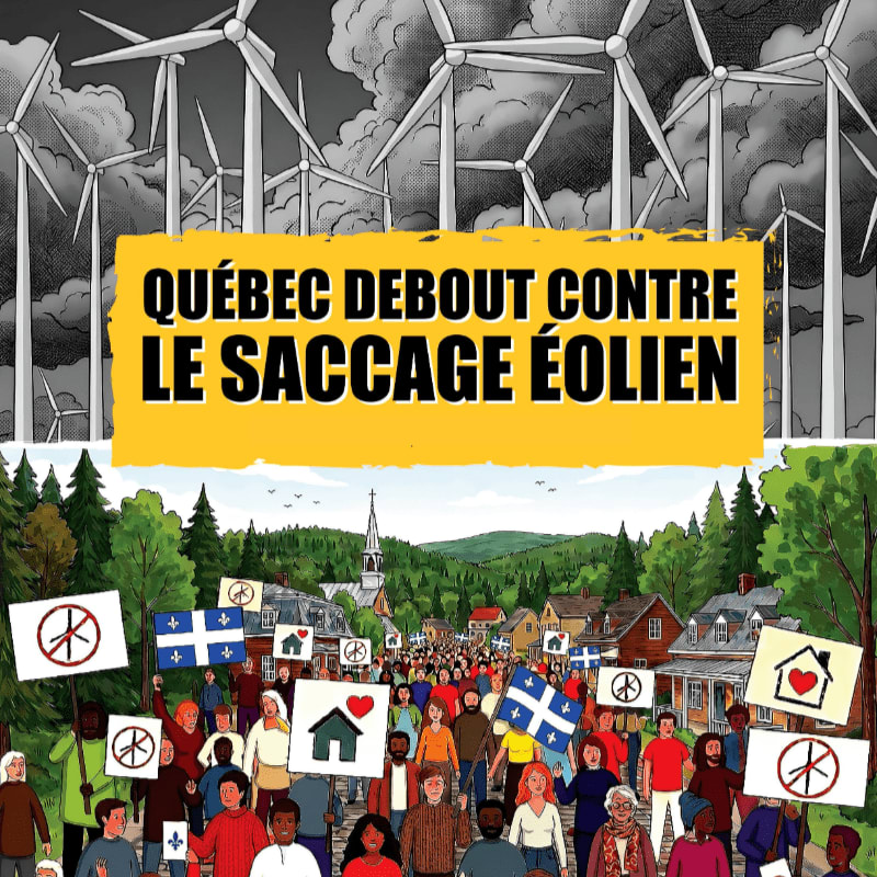 A crowd of protesters holding signs and Quebec flags stands in a small town foreground, while a bleak landscape of wind turbines and dark clouds fills the background.