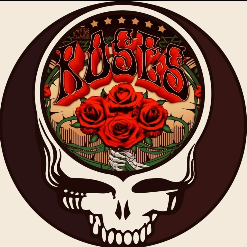 A white skull in the foreground frames a circular background featuring red roses and the word "ROSES" in stylized red lettering.