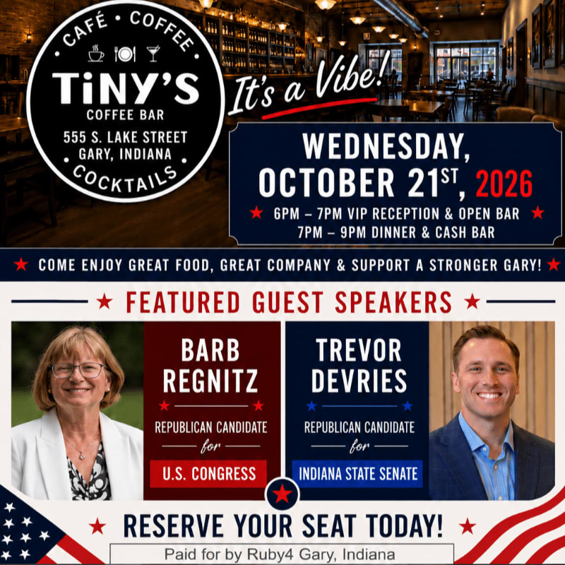 A promotional flyer for a political event at Tiny's Coffee Bar features headshots of candidates Barb Regnitz and Trevor Devries in the foreground against a background showing the interior of the cafe and event details.