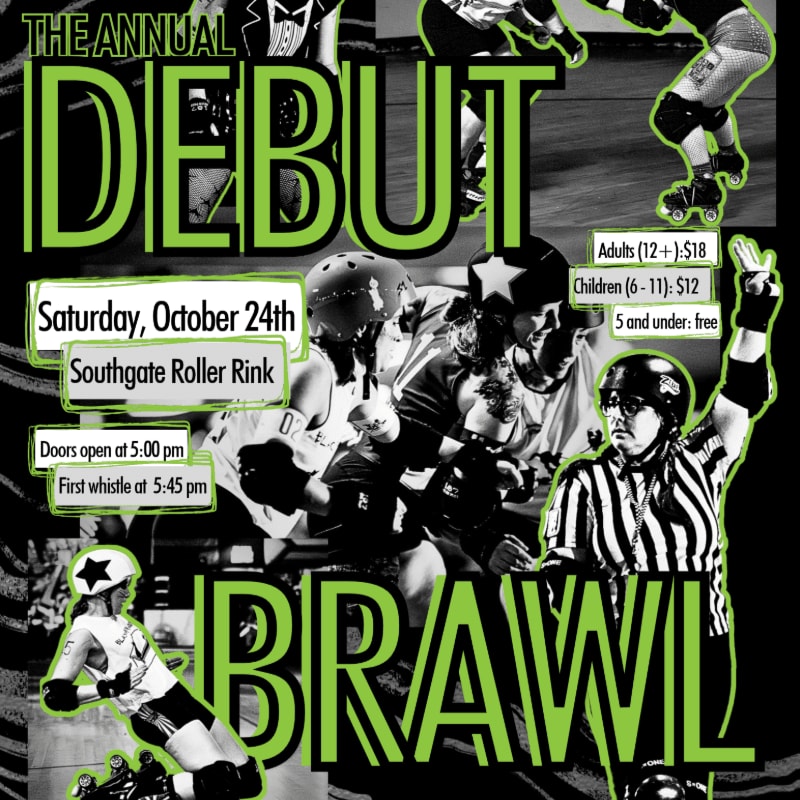 A home team schedule for Rat City Roller Derby is displayed in white text over a green leopard-print background, with a photo of roller derby players at the bottom.