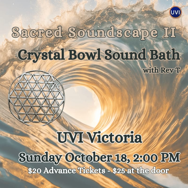 Text promoting a "Sacred Soundscape II Crystal Bowl Sound Bath" is overlaid on a foreground featuring a geometric flower-of-life symbol and a background of a crashing golden ocean wave.