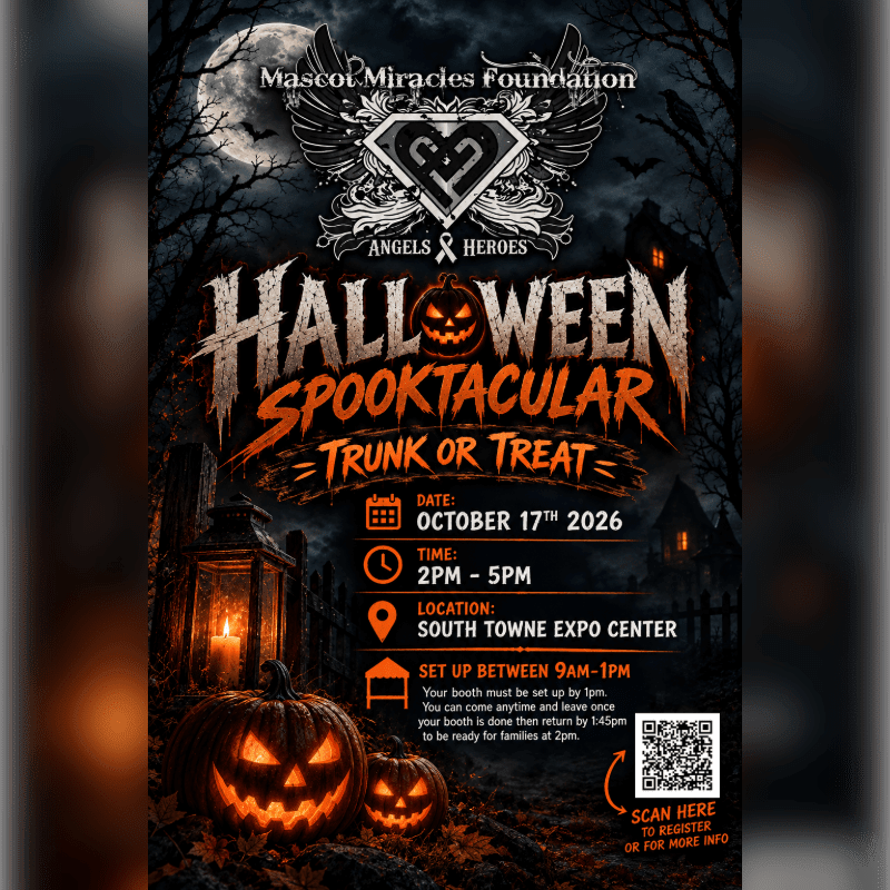 Glowing jack-o'-lanterns sit in the foreground of a Halloween event flyer set against a spooky background of a full moon, dark trees, and a haunted house.