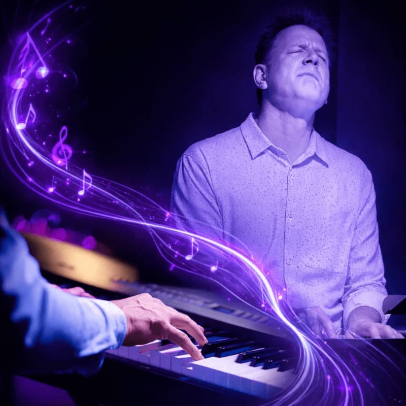 Hands play a piano keyboard in the foreground while a man with a blissful expression stands in the background, surrounded by swirling purple musical notes.