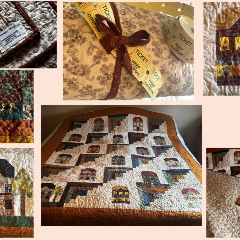 A collage of various close-up and full views of a patterned quilt, featuring a floral design and a cityscape motif, set against a neutral background.