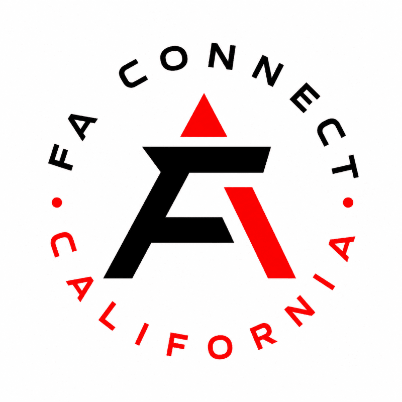 A stylized black and red "FA" logo is centered within a circular arrangement of text reading "FA CONNECT CALIFORNIA" against a plain white background.