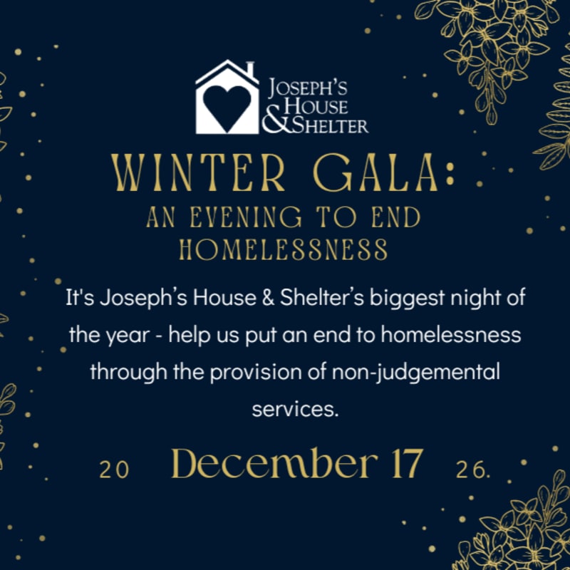 Gold and white text announcing a Winter Gala for Joseph's House & Shelter is set against a dark blue background decorated with gold floral accents and sparkles.