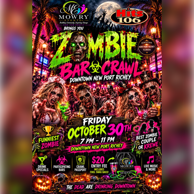 A colorful promotional flyer for a zombie bar crawl features frightening zombies in the foreground and a neon-lit downtown street under a full moon in the background.