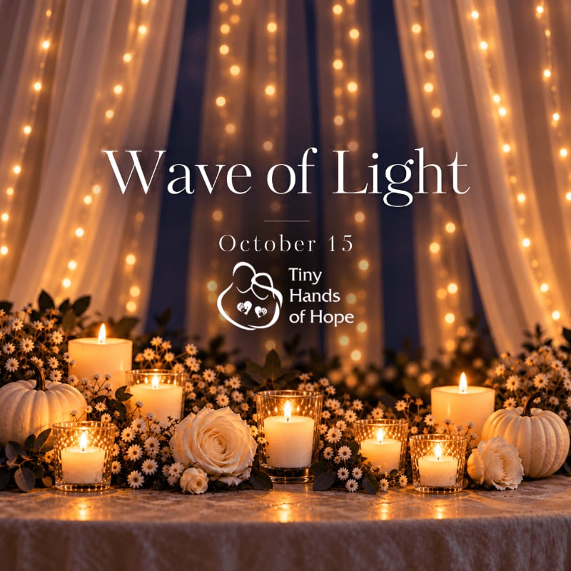 Lit candles, white roses, and small pumpkins sit in the foreground against a background of glowing fairy lights and draped curtains.
