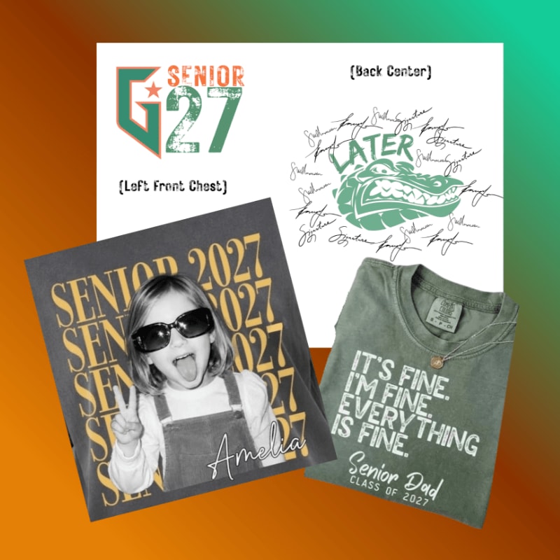 A collection of custom apparel designs and a photo of a girl in sunglasses are layered over a gradient orange and green background.