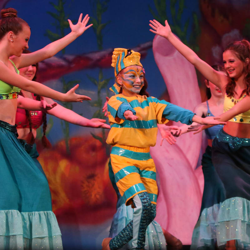 A child dressed as a tiger dances in the foreground, surrounded by girls in belly dancing costumes against a colorful underwater-themed backdrop.