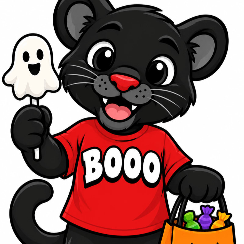 A cute black cat wearing a red "BOOO" t-shirt holds a ghost lollipop and a bag of candy against a plain white background.