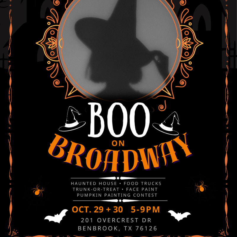 A Halloween event flyer features a witch's silhouette in a central circle above the text "BOO ON BROADWAY" against a dark, spooky background with bats and spiders.
