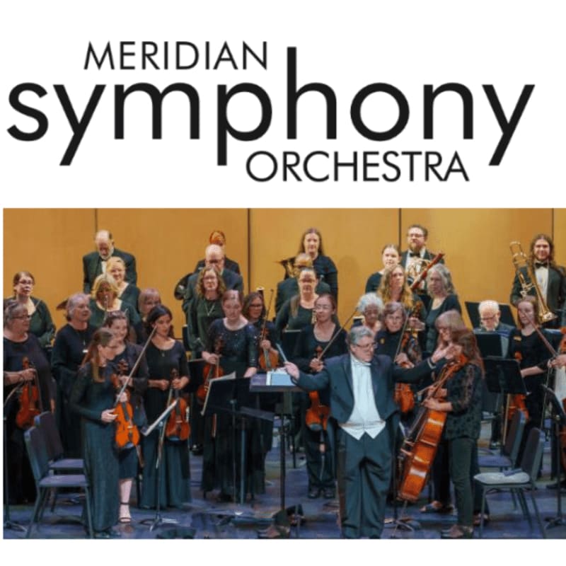 A symphony orchestra performs in the foreground against a plain, tan-colored background, topped with the text "MERIDIAN SYMPHONY ORCHESTRA."