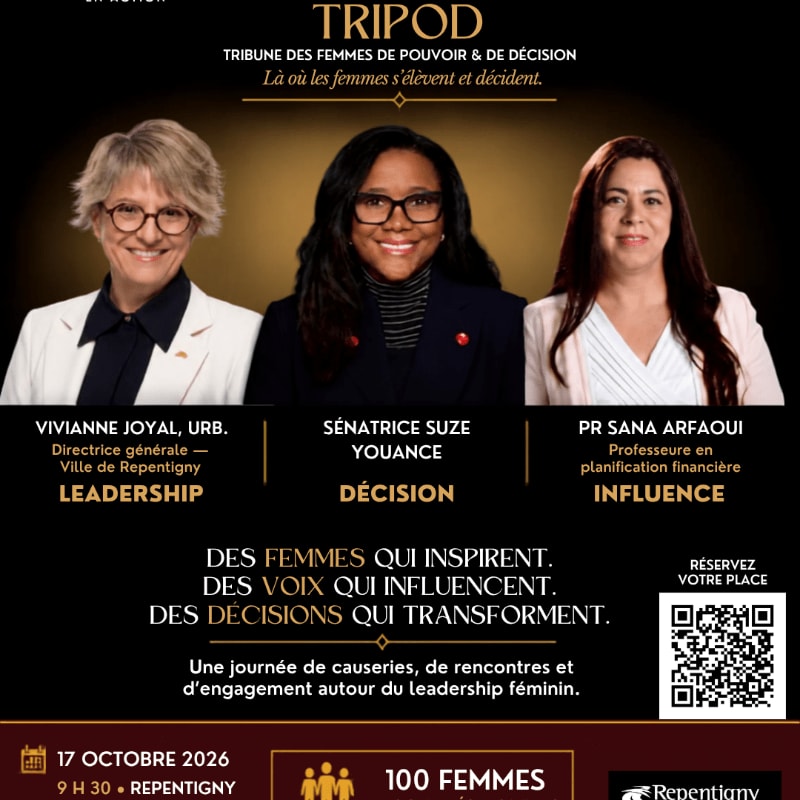 Three professional women are positioned in the foreground against a dark, gold-gradient background featuring event text and a QR code.