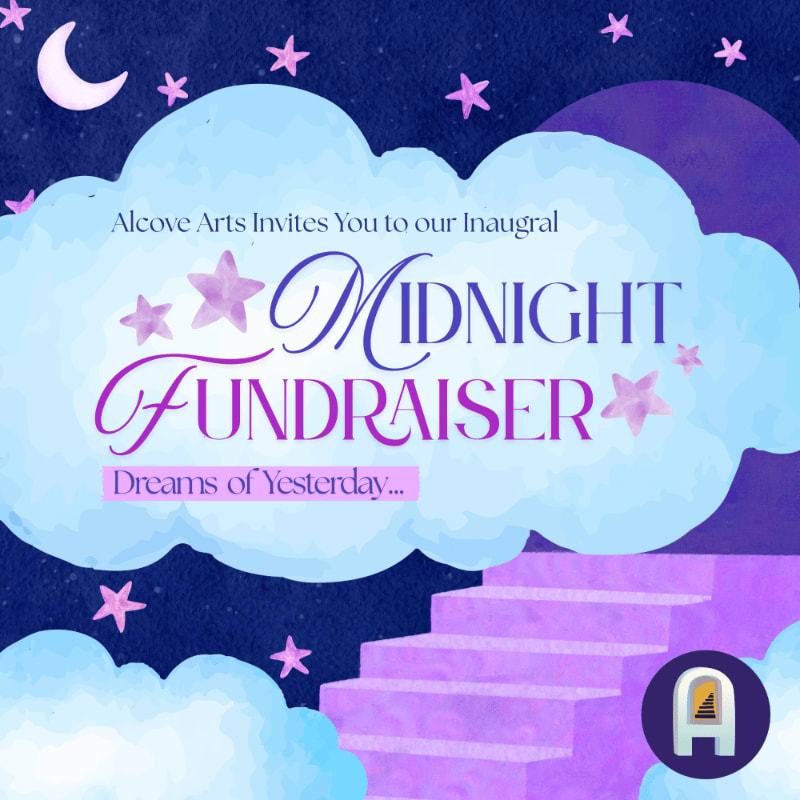 A purple staircase leads up toward a large, light blue cloud containing text for a "Midnight Fundraiser" against a dark starry night sky with a crescent moon.