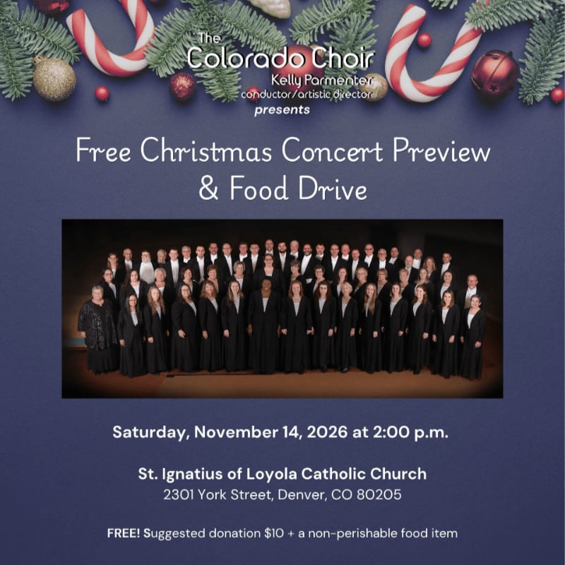 A promotional flyer for a free Christmas concert and food drive features a group photo of The Colorado Choir in the center, set against a dark blue background framed by festive candy canes and pine branches.