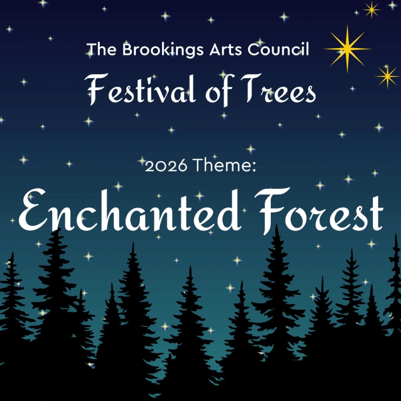 White text announcing the "Festival of Trees" and "Enchanted Forest" theme sits above a silhouette of pine trees against a starry night sky.