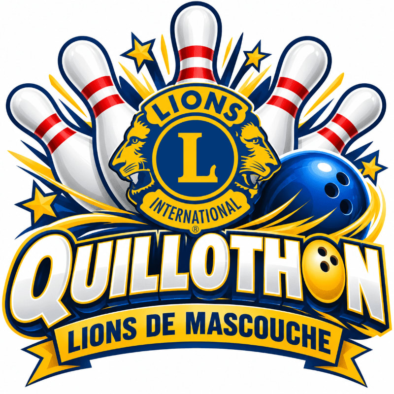 A blue bowling ball and the word "QUILLOTHON" sit in the foreground, set against a background of white bowling pins and a Lions International logo.