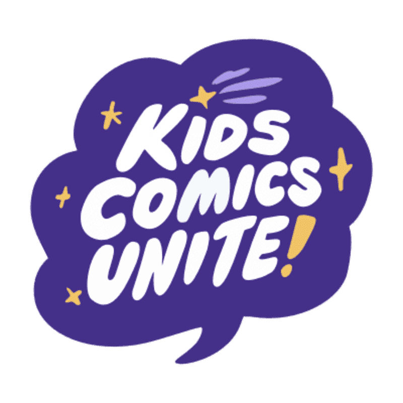 A purple speech bubble with white text reading "KIDS COMICS UNITE!" and yellow stars is set against a white background.