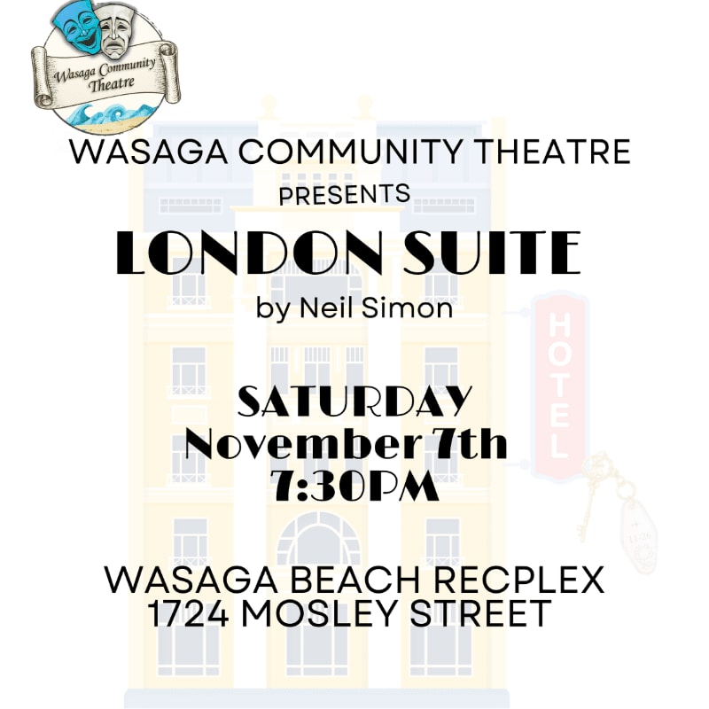 A theatrical poster for "London Suite" by Neil Simon, presented by Wasaga Community Theatre, features a stylized hotel in the background and event details in the foreground.