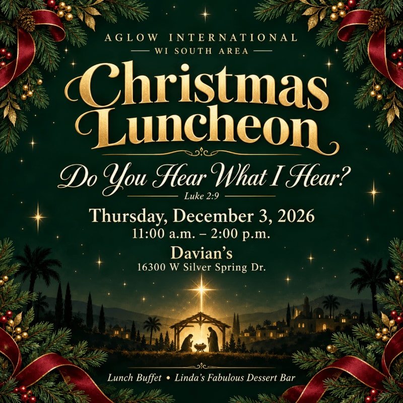 Gold and white text announcing a Christmas Luncheon sits against a dark green background featuring a nativity scene and festive pine branches with red ribbons in the corners.