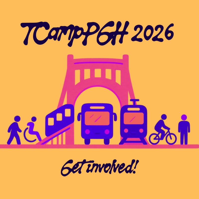 Various modes of transportation and people stand in the foreground against a background featuring a pink bridge and the text "TCampPGH 2026" on a yellow backdrop.