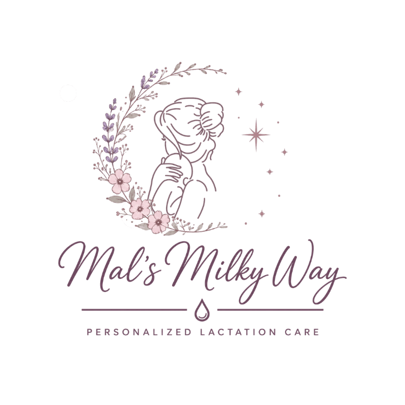 A line art illustration of a mother holding a baby surrounded by a floral wreath and stars sits above the text "Mal's Milky Way" on a plain white background.