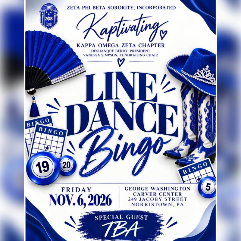 A promotional flyer for a "Line Dance Bingo" event features blue and white themed accessories like a fan, cowboy boots, and bingo balls in the foreground against a clean white background with blue accents.