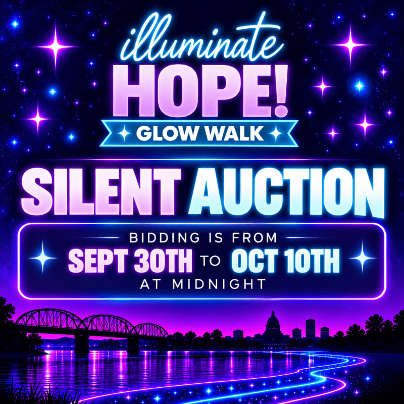 Text promoting a "Glow Walk" silent auction is layered over a starry night sky and a purple-hued cityscape with a bridge reflecting in the water.