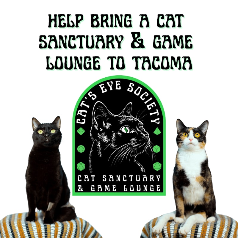 Two cats sit on striped cushions in the foreground, flanking a logo for "Cat's Eye Society" against a white background with promotional text.
