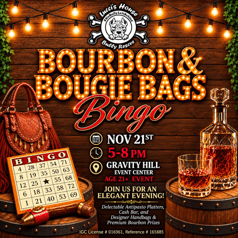 A bourbon decanter and glass sit beside a bingo card and designer handbag in the foreground, set against a rustic wooden wall decorated with string lights and a rescue dog logo.