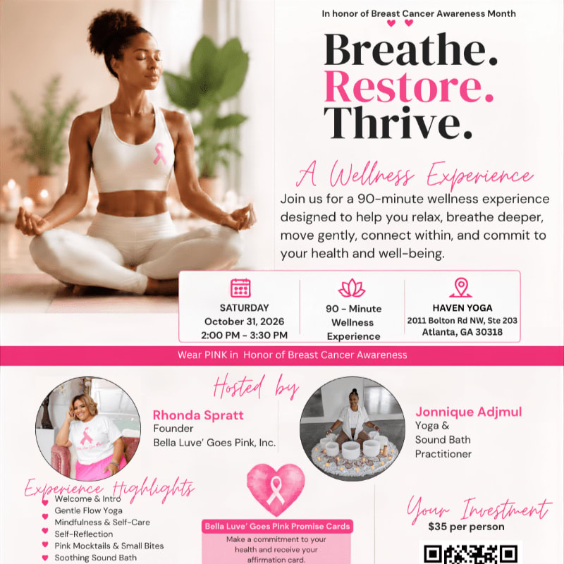 A woman meditates in a white outfit against a background of indoor plants and soft lighting, positioned next to a promotional flyer for a breast cancer awareness wellness experience.