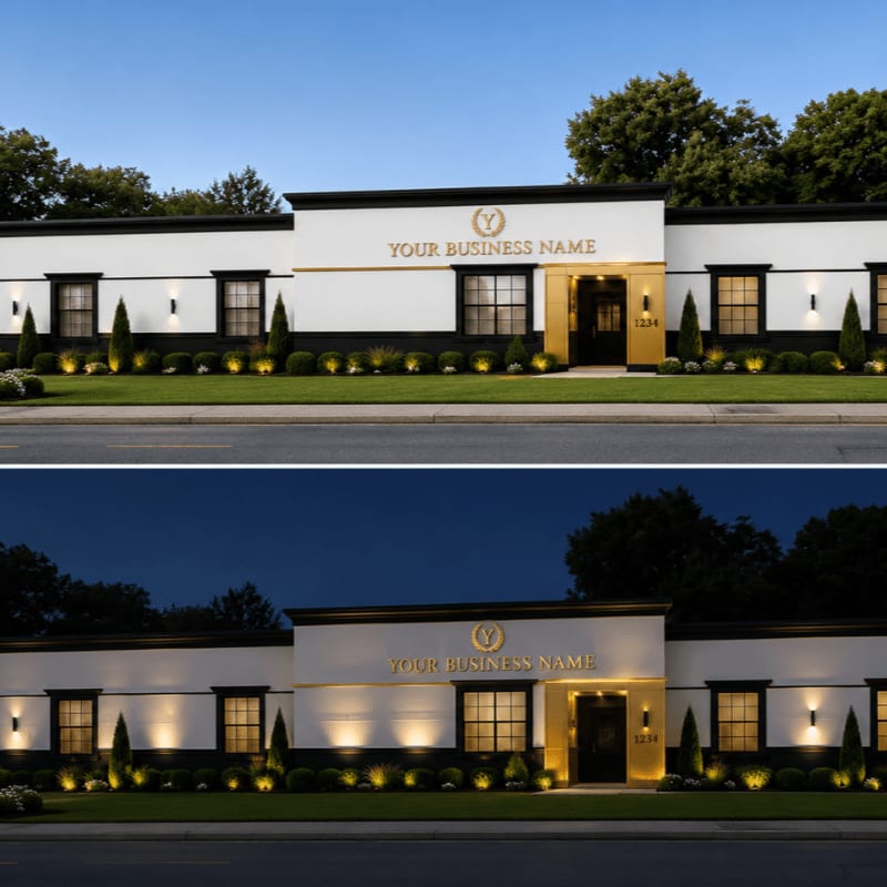 A white commercial building with "YOUR BUSINESS NAME" signage is shown in both daylight and nighttime views, featuring manicured shrubs in the foreground and green trees against a clear sky in the background.