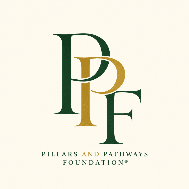 Interlocking green and gold letters "PPF" and the text "PILLARS AND PATHWAYS FOUNDATION®" are centered on a plain cream background.
