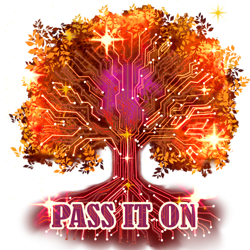 A glowing circuit-board tree with orange leaves and sparkling lights stands against a plain white background above the text "PASS IT ON."