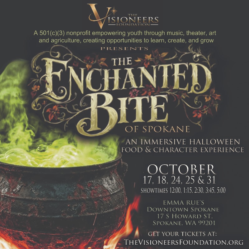 A bubbling cauldron with green smoke sits in the foreground against a dark, textured background featuring event details for "The Enchanted Bite of Spokane."