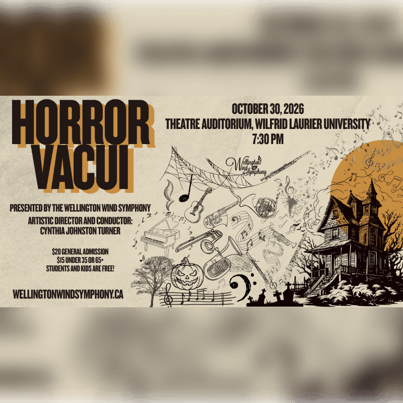 Bold text and event details occupy the left foreground, while a spooky house and musical instruments are sketched against a pale background with a large orange moon.