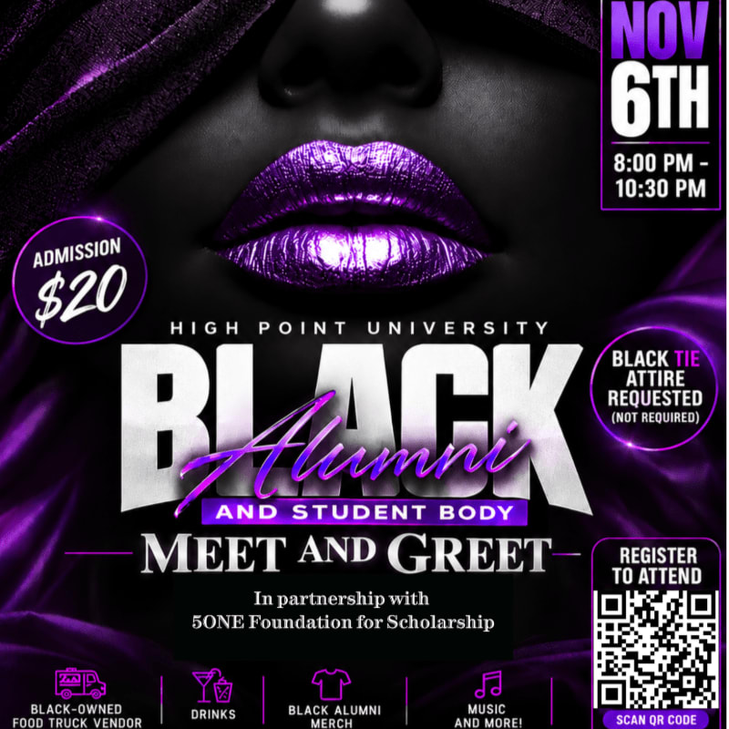 A promotional flyer for a High Point University Black Alumni and Student Body Meet and Greet features a close-up of a person with shimmering purple lips in the foreground against a dark, purple-toned background.