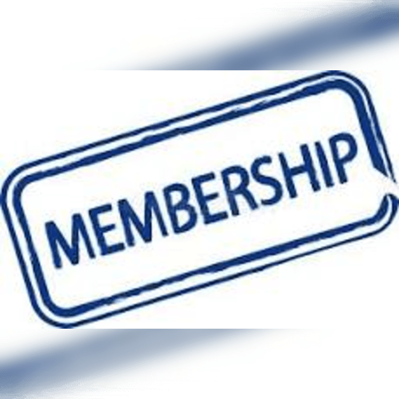 A blue "MEMBERSHIP" stamp sits in the foreground against a plain white background with soft blue shadows.