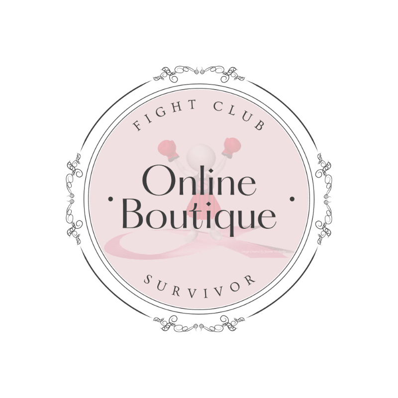 A circular logo featuring the text "Online Boutique" and "FIGHT CLUB SURVIVOR" over a pink background with a boxing figure, all set against a plain white backdrop.